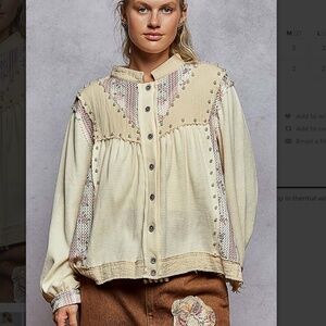 POL Cream and Floral Print Button-Down Pearl Embellished Shirt